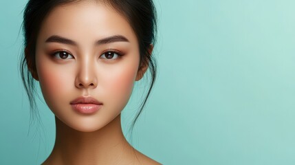 Close-up portrait of a woman with flawless skin.