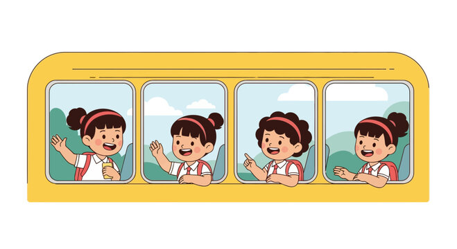 Cheerful schoolgirls waving goodbye from a yellow school bus window illustration