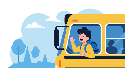Cheerful Student Waving Goodbye From a Yellow School Bus Window