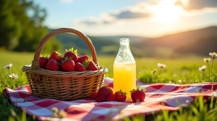 A serene rustic picnic scene with a vintage woven wicker basket .
