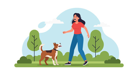 Fototapeta premium Cheerful woman walking with her dog in a park, enjoying the outdoors and companionship, promoting a healthy and active lifestyle