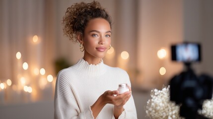 Young female content creator holding moisturizing cream while streaming skincare routine, showcasing beauty product for online followers
