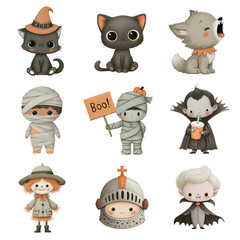 Playful Halloween-themed characters perfect for seasonal decorations and illustrations. Halloween isolated on white background, Transparent Background