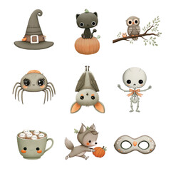 Whimsical Halloween-themed characters including animals and seasonal symbols. Halloween isolated on white background, Transparent Background