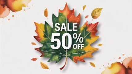 Fall sale promotion fifty percent off autumn leaves watercolor background seasonal discount offer banner