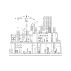 Fototapeta premium Construction Site Illustration Detailed Line Drawing of Building Under Construction with Crane and Workers
