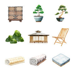 A collection of minimalist furniture and decorative plants for serene living spaces. Japanese Style isolated on white background, Transparent Background