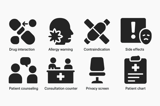 Medical, healthcare solid icon set. patient, drug interaction icons solid collection