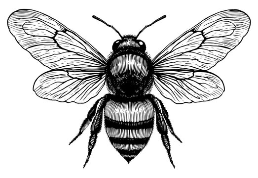 Detailed bee illustration top-down view, black and white engraved vector