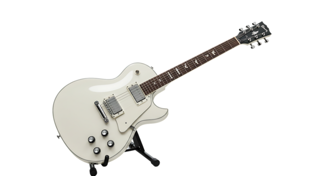 White Electric Guitar on Stand Classic Rock Instrument On Isolated Transparent Background

