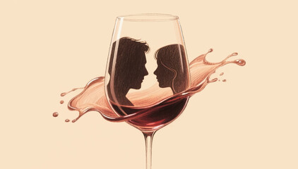 A fantastic and romantic illustration drawn with colored pencils of a glass of wine in which silhouettes of loving faces of a man and a woman are depicted. Vector graphics. EPS.