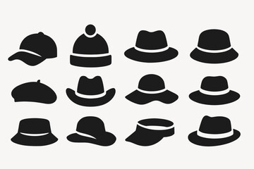 Hat silhouette icon set. various caps and hats in bold silhouette design