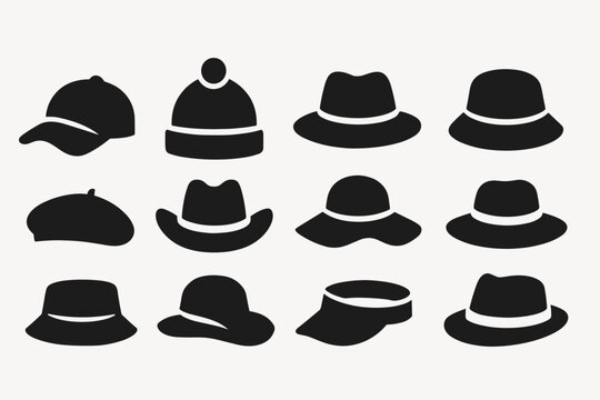 Hat silhouette icon set. various caps and hats in bold silhouette design