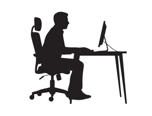 Silhouette of a man sitting at a desk and working on a computer, black silhouette vector, Simple silhouette Design vector icon with white background 