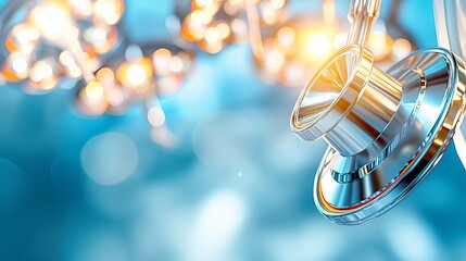Stethoscope hanging in operating room with surgical lights illuminating the background, representing healthcare, medical equipment, and surgical procedures