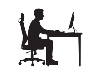 Silhouette of a man sitting at a desk working on a computer, black silhouette vector, Simple silhouette Design vector icon with white background 