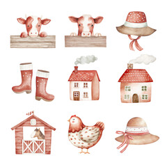 Charming farm illustrations featuring animals, houses, and accessories. Cute Farm isolated on white background, Transparent Background
