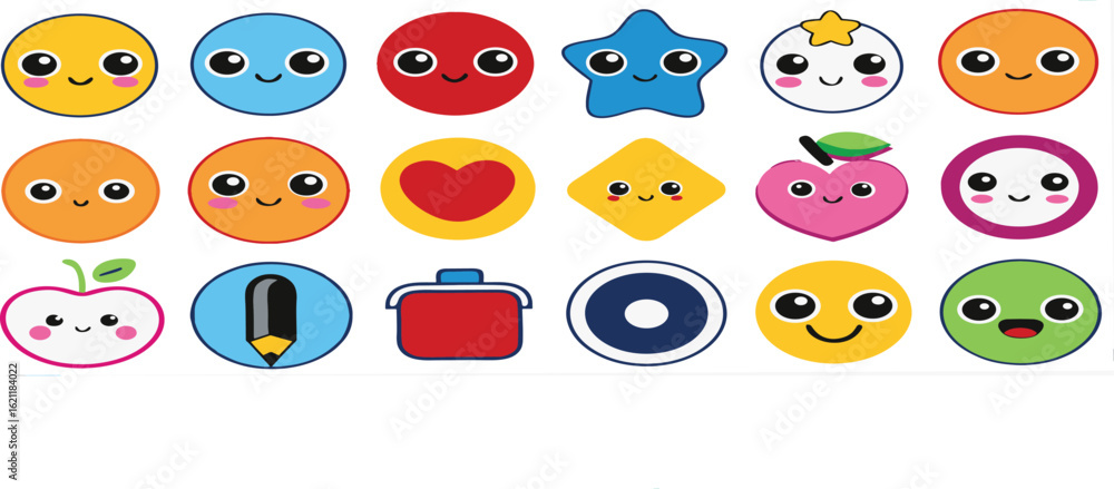 Poster collection of cute kawaii style cartoon faces and objects with happy expressions vector isolated on 