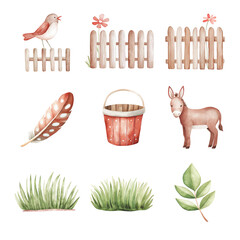 Whimsical farm elements including birds, fences, and grass in a playful vintage style. Cute Farm isolated on white background, Transparent Background