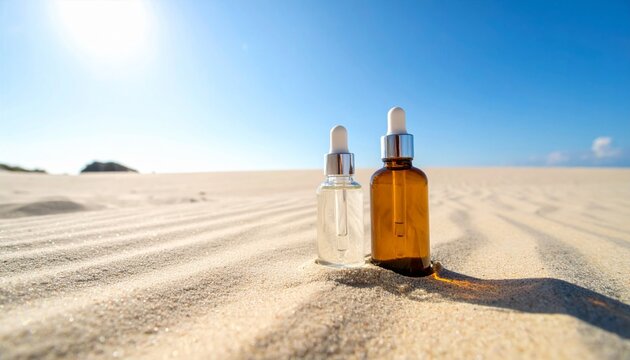 Two Glass Bottles Stand on Sandy Beach with Clear Blue Sky Sunny Day