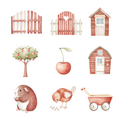 Charming illustrations of a cozy garden scene with adorable animals and nature elements. Cute Farm isolated on white background, Transparent Background
