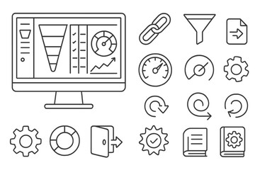 Data analytics line icon set. visualize, analyze, report metrics with linear designs