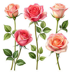Set of beautiful roses isolated on a transparent background