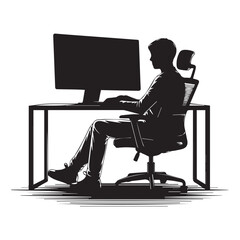 Silhouette of a person working on a computer at a desk, black silhouette vector, Simple silhouette Design vector icon with white background 