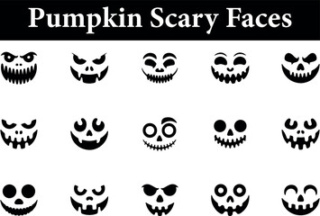 Collection of diverse halloween pumpkin faces and expressions presented as a silhouette isolated on a transparent background for easy integration into designs isolated on transparent background