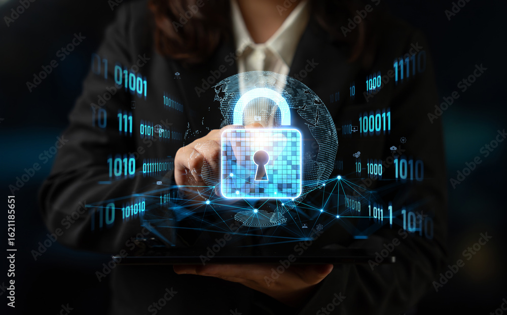 Poster cyber security protects against breaches, hacks, and network attacks using strong infrastructure and