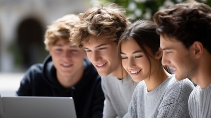 Young students collaborating on laptop, showcasing teamwork and camaraderie in contemporary educational setting