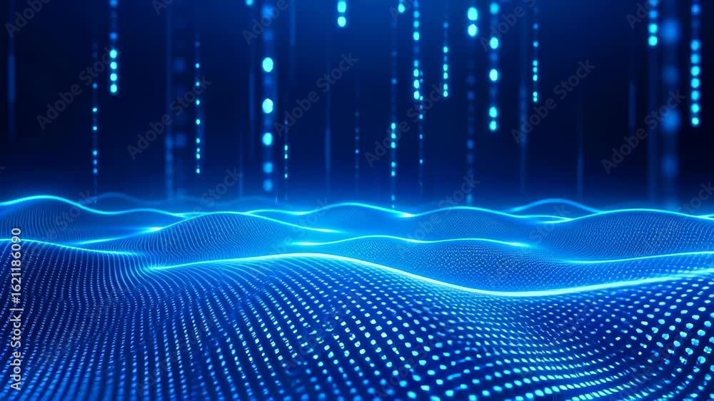 Poster abstract blue digital landscape with wavy dotted surfaces and vertical data streams. technological b