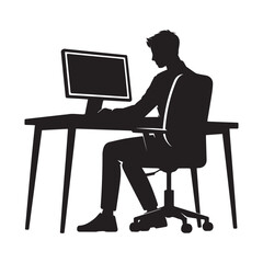 Silhouette of a person working at a computer desk, black silhouette vector, Simple silhouette Design vector icon with white background 