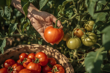 Harvesting fresh tomatoes from a lush garden plant.