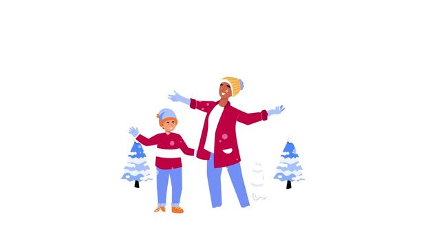 Illustration of a Family in the Snow, 2D Animation for Winter Fun, Holiday Season, and Outdoor Family Activity in 4K