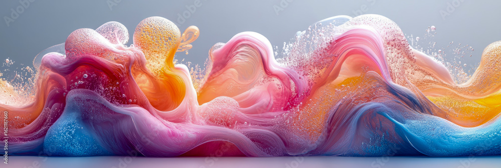 Poster vibrant swirls of translucent liquid art with effervescent bubbles, a dynamic and colorful fluid abs