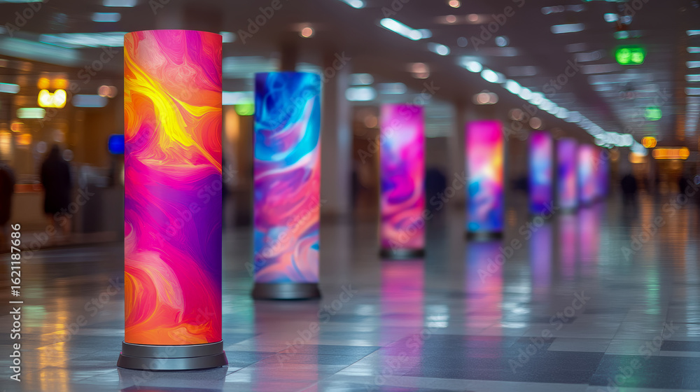 Poster dynamic vibrant abstract art glowing on illuminated cylindrical pillars lining a modern public corri