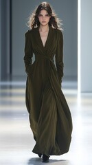 Naklejka premium Italian model walking forward on runway in long olive-colored dress 