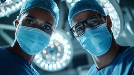 Medical team performing precise surgical procedure, masked professionals working intently near sterilized instruments under bright operating room lights