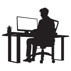 Silhouette of a man working on a computer at a desk, black silhouette vector, Simple silhouette Design vector icon with white background 