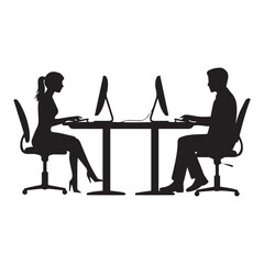 Silhouettes of a man and woman working at computers side by side, black silhouette vector, Simple silhouette Design vector icon with white background 
