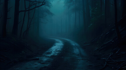 Dark Forest Road Mysterious Foggy Night