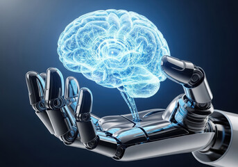 Robotic hand holding a glowing blue artificial intelligence brain