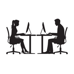 Silhouettes of a man and woman working side by side at computers, black silhouette vector, Simple silhouette Design vector icon with white background 
