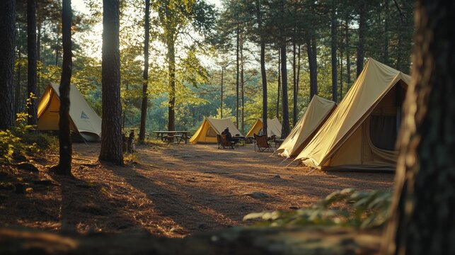 Colorful canvas tents under tall trees in a serene forest camping area. A group of families enjoying the great outdoors together.
