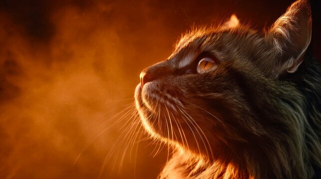 Close-up side profile of a tabby cat looking up in warm orange light with dramatic contrast. - Powered by Adobe