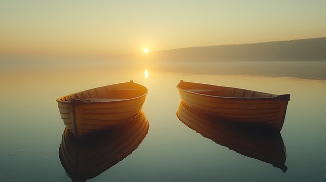 Two wooden rowboats on a serene lake at sunrise. - Powered by Adobe