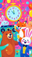Naklejka premium Colorful animal party celebration with clock confetti and balloons