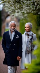 Elegantly dressed senior couple walking hand in hand, strolling through blossoming park landscape with seasonal spring greenery
