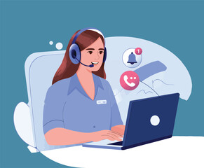 female customer support representative with headset working on laptop with notifications and call icons

